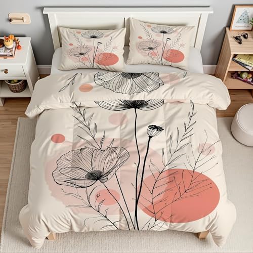 Housse de couette 160x200 parure de lit fleurs microfibre avec fermeture éclair 3 pièces
