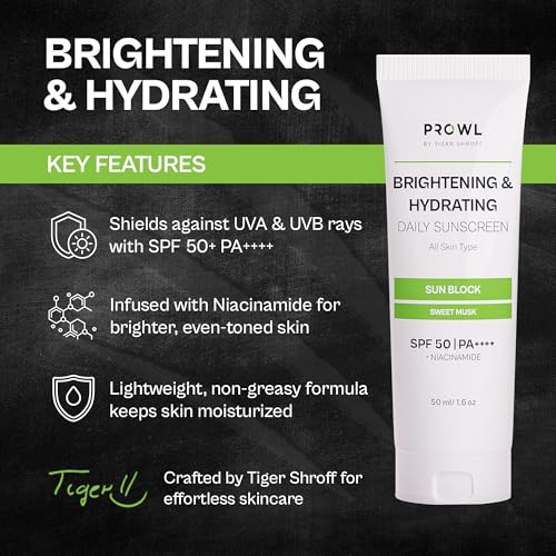 Image of PROWL by Tiger Shroff Brightening and Hydrating Sunscreen SPF 50+ PA++++ with Niacinamide for Oily, Dry, Acne Prone Skin for Men Protection | No White Cast Sun Screen | Lightweight Non-Greasy Texture Gel | Sweet Musk | 50ml