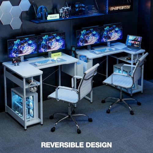 Image of Acrolix L Shaped Gaming Desk 48 Inch - Computer Corner Desk with Power Outlets, Reversible Shelves & Storage Bag for Home Office, PC Gaming Table, White Carbon
