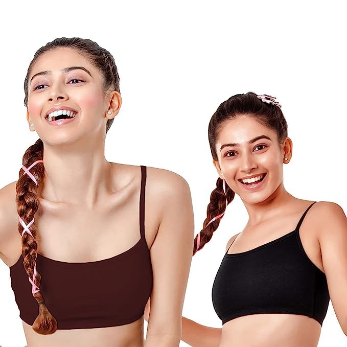 Women's Beginner's Stretch Cotton Bra - Easy Fit, Non-Padded, Non-Wired, Full Coverage, Antimicrobial Finish and Slim Straps (Pack of 2) Trainiag Bra 10 to16Years Free Size 28-32 Multicolor