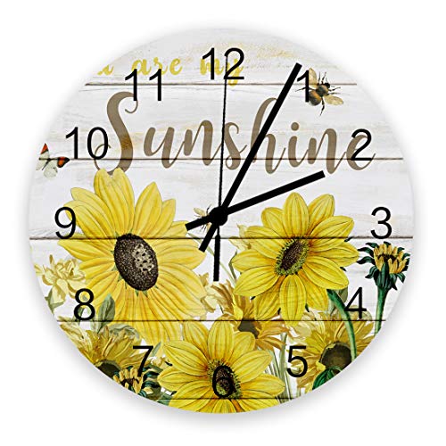 TAOGAN Wall Clock Sunflower with Bees Wood Clock Silent Non Ticking You are My Sunshine Retro Wood Grain Round Clock Battery Operated Decorative Wall Clock 12 Inch