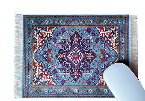 Beautiful Oriental Rug Style Mousepad, Miniature Carpet Computer Mouse Pad, Rectangular, Non-Slip, Polyester, Elegant Office Accessories (Blue) #TOP1