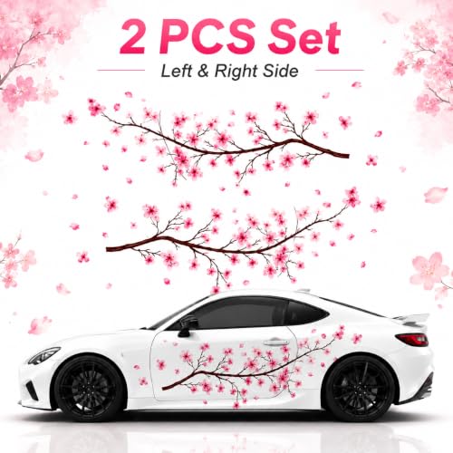 Image of 2PCS Sakura Cherry Blossom Car Side Decals - Japanese Floral Vinyl Graphics for Cars, SUVs, Trucks & Vans - Waterproof Fade Resistant Exterior Door Sticker Set (Left & Right Pair)