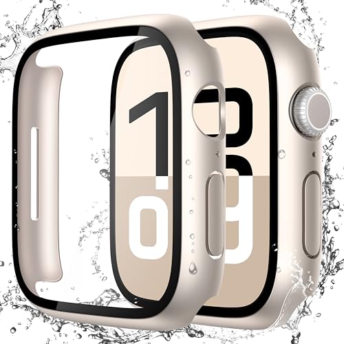 Image of Misxi [2 Pack] Waterproof Hard Case with Tempered Glass Compatible with Apple Watch Series 11 (2025) Series 10 42mm, Anti-Fall Tough Overall Protective Cover for iWatch Screen Protector, Starlight