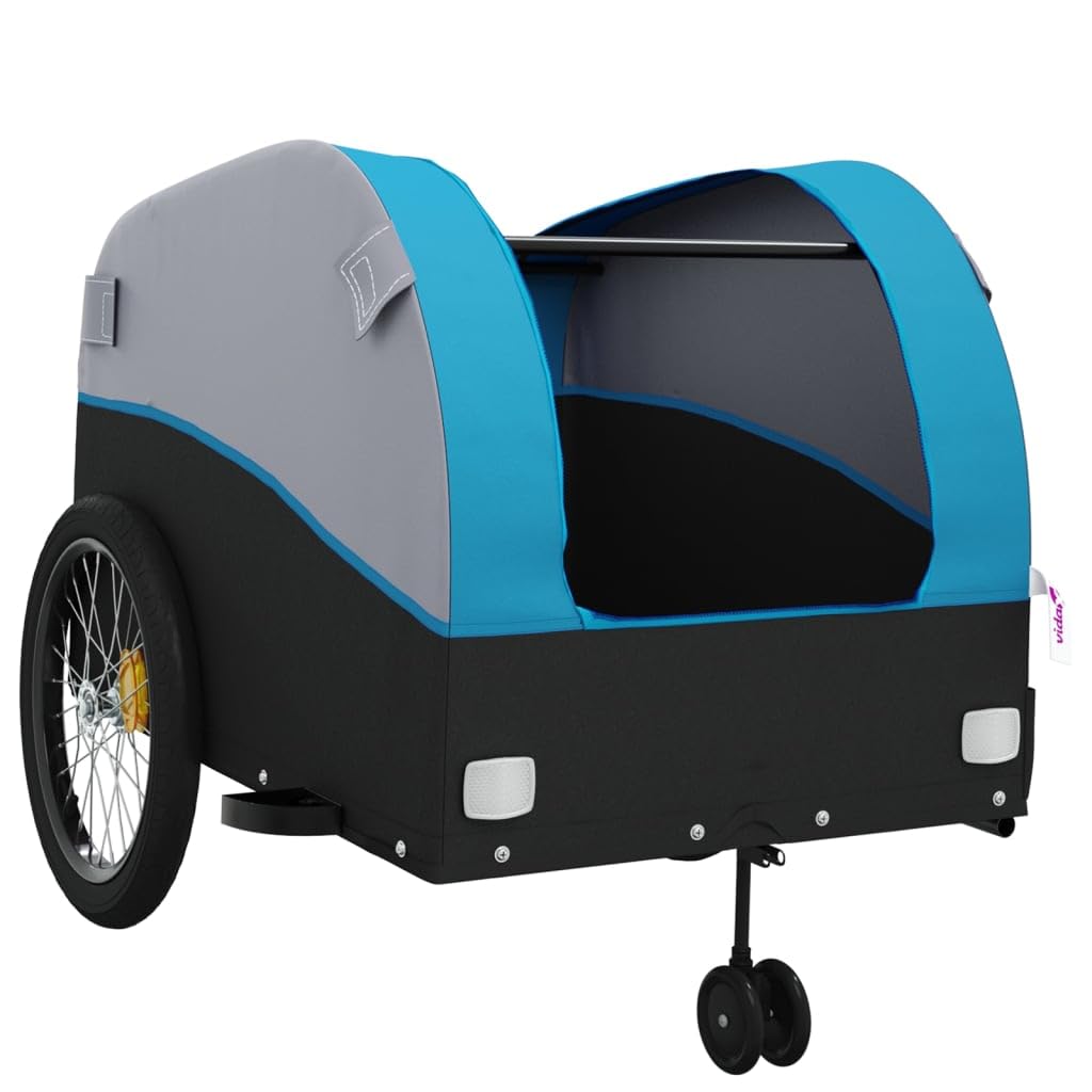 Remolque de bicicleta negro y azul de hierro de 45 kg con bandera de seguridad para cargas, equipaje, niños y perros, plegable, con embrague para ciudad, naturaleza, excursión, excursión y vida
