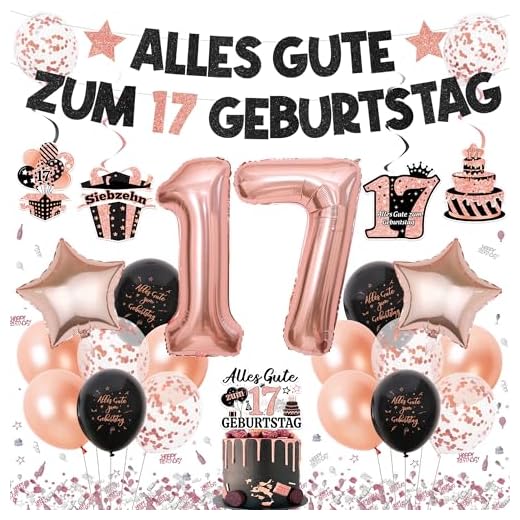 Tasoraor Deko 17. Geburtstag Mädchen Ballons - 17. Geburtstagsdeko Girlande Konfetti Rosegold Luftballons, XXL Zahlenballon und Tortendeko für 17 Geburtstagsparty Dekoration
