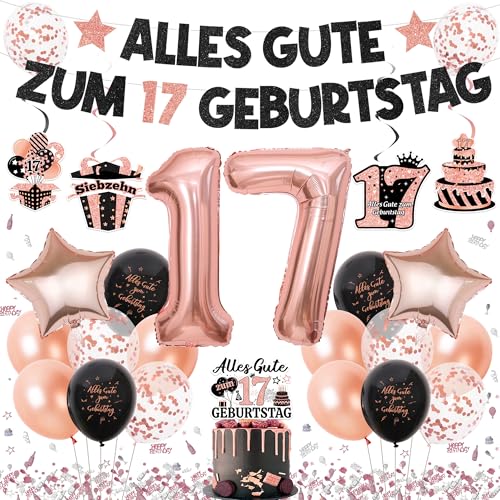 Tasoraor Deko 17. Geburtstag Mädchen Ballons - 17. Geburtstagsdeko Girlande Konfetti Rosegold Luftballons XXL Zahlenballon und Tortendeko für 17 Geburtstagsparty Dekoration
