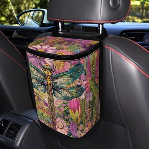 Image of Talayituse Dragonfly Floral Print Car Trash Can Portable Auto Garbage Bin Multifunctional Vehicle Interior Accessories with Adjustable Straps Universal Fit Truck SUV Sedan