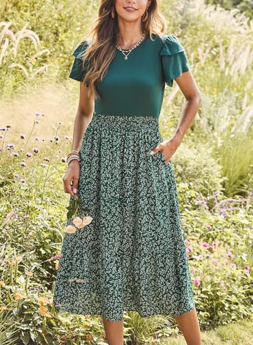 Image of Dokotoo Women's 2026 Summer Dress Short Sleeve Crew Neck Casual Floral Print Long Flowy Dresses Maxi Dresses