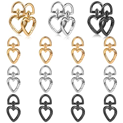 18 Piezas Mosquetón en Forma de Corazón Llavero metal en Formas Corazón Llaveros de Metal Broche para Colgantes, Manualidades o Decoraciones-con Color Negro Plata y Dorado