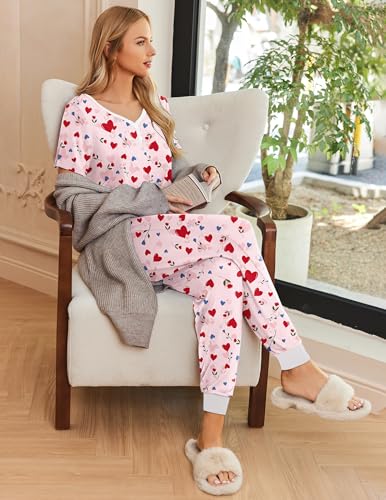 Image of Ekouaer Pajamas for Women Set 2 Piece Fall Lounge Sets Short Sleeve Pjs Joggers Long Pants Sleepwear with Pockets