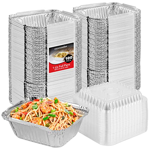 Stock Your Home 1 lb Small Aluminum Pans with Clear Plastic Lids (100 Pack)