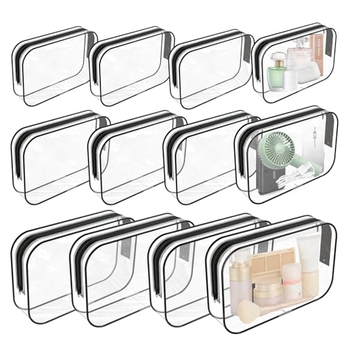 12 PCS Clear Makeup Bag for Women with Zipper, TSA Approved Toiletry Pouch, Cosmetic Bag Bulk for Travel Organizer Diaper, Toy, Gift (Black)