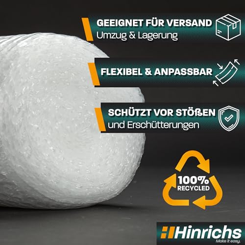 Hinrichs Luftpolsterfolie Rolle 10m x 40 cm - Ideal für Versand, Verpackung und Umzug - 100% recyclingfähig - Bubble Wrap als Verpackungsmaterial - Noppenfolie - Polstermaterial
