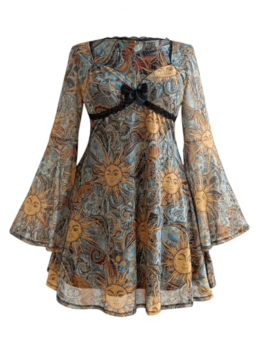 Women's Y2k Plus Size Hippie Vintage Boho A Line Dress Country Bell Long Sleeve V Neck Mesh Fall Mini Dresses