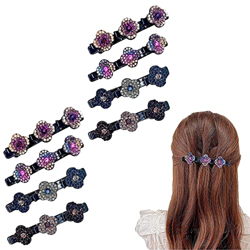 Sparkling Crystal Stone Braided Hair Clips for Women, Barrette with 3 Clips on Top, 3 Clip Hair Barrette, Satin Fabric Hair Bands, Four-Leaf Clover Hairpin Duckbill Clip for Girls (8Pcs)