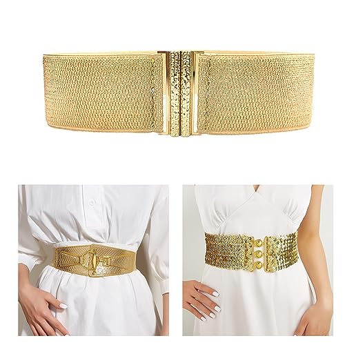 Womens Fashion Elastic Wide Belt, Glittering Gold Vintage Waspie Belt for Teenager Girl,Dress Decor2