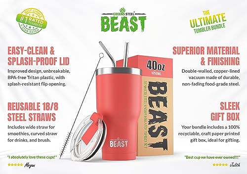 Image of BEAST 40oz Coral Tumbler - Stainless Steel Insulated Coffee Cup with Lid, 2 Straws, Brush & Gift Box by Greens Steel