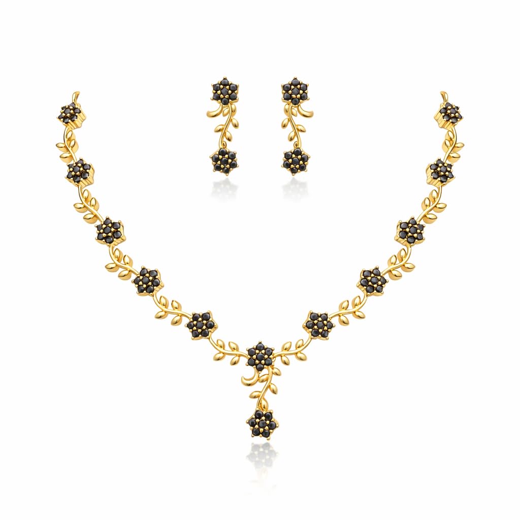 Jewellery Set for Girls and Women | Necklace with Matching Earrings | Micro Gold-Plated | AD CZ Stone Studded | Great for Traditional Outfits and Special Gatherings (Black)
