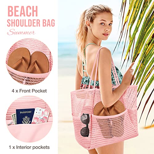 KPX Mesh Beach Bag, Tote Bag for Women Large Foldable Mesh Swimming Bag with Pockets - Sandproof, Waterproof (Pink-Style2) - Image 4