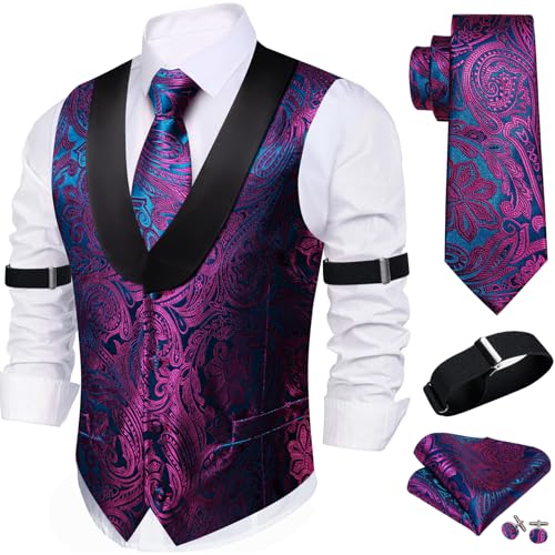 Panegy Glittervest voor heren, met vlinderdas, set met V-hals, kostuumvest, glanzende pailletten, pak, feestelijk kostuum, B-rood, XS