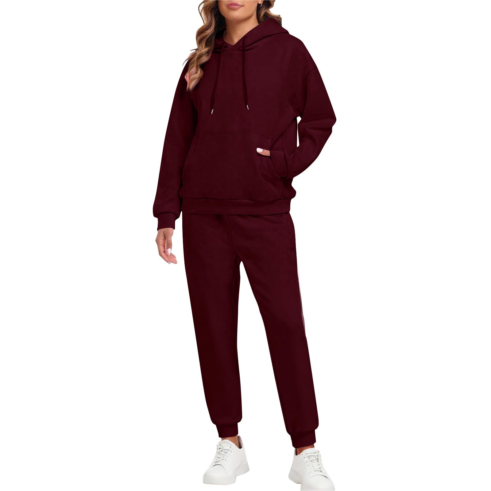 2 Piece Sets for Women Fleece Long Sleeve Oversized Hoodies Pullover Tops Workout Joggers Tracksuits with Pockets