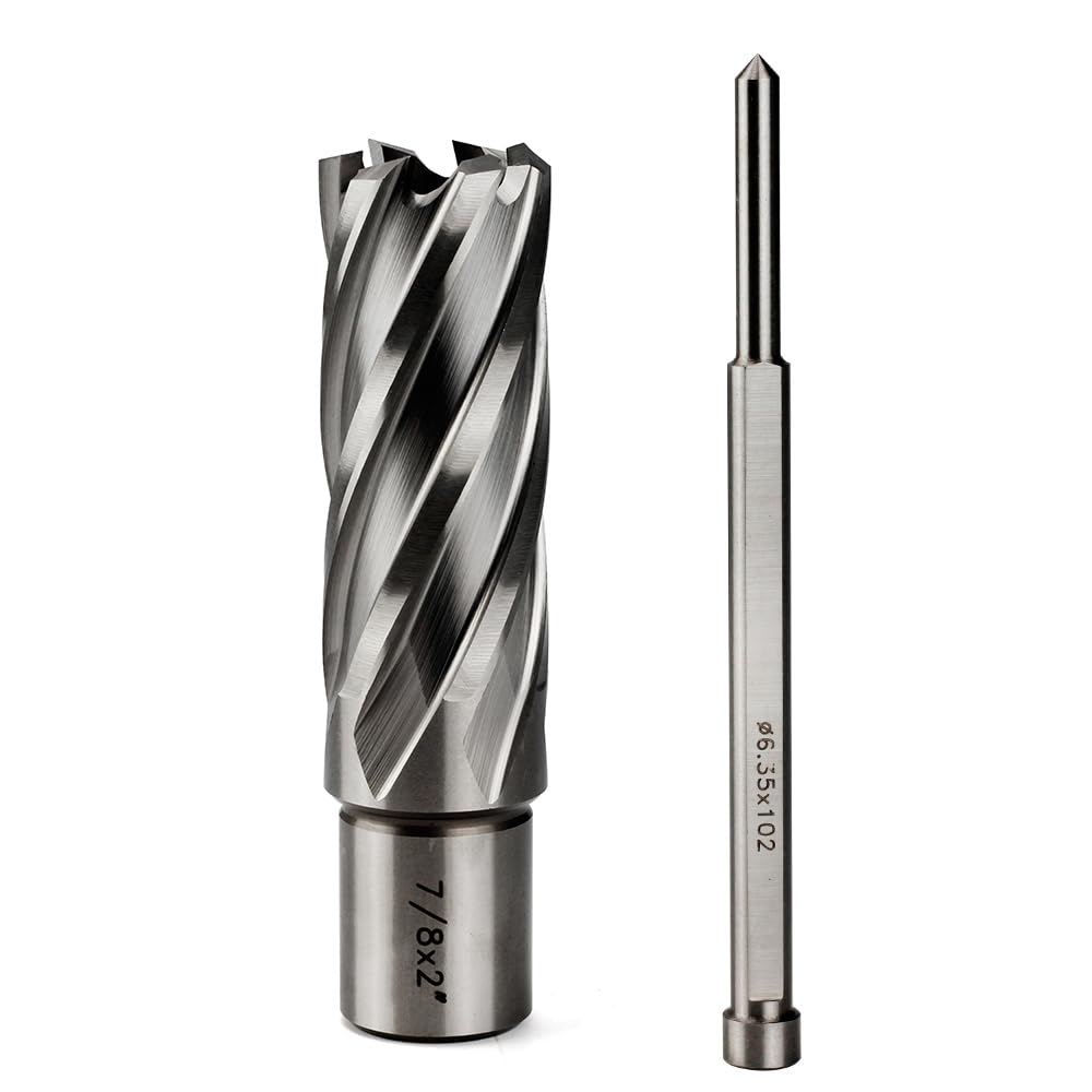 OSCARBIDE Cortador anular de 7/8 pulgadas de diámetro de corte, profundidad de corte de 2 pulgadas, vástago Weldon de 3/4 pulgadas, 2 brocas planas con pasador piloto para prensa de taladro magnética,