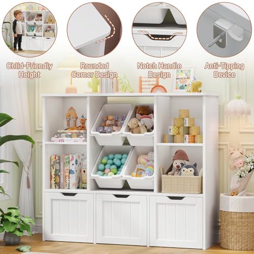Image of Toy Storage Organizer with 4 Toy Bins, Toy Organizer Kids Bookshelf with 3 Movable Drawers and 4 Open Cubbies, Toy Bins for Kids Organizer Playroom Storage for Living Room with Hidden Wheels, White