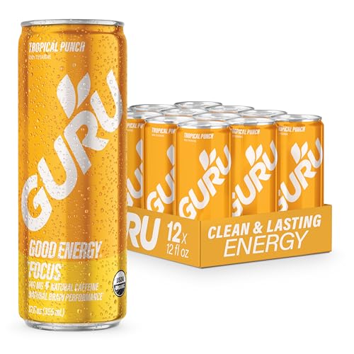 Image of GURU Energy Drink, Tropical Punch Organic Sparkling Energy Drink with Real Fruit Juice + L Theanine, 140 MG Natural Caffeine for Workouts, Performance & Midday Boost, Plant Based, Gluten Free, 12 Fl Oz, 12 Pack