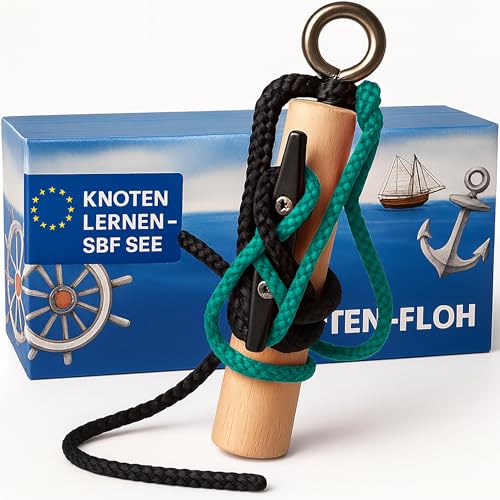 Knoten Übungsset Seemannsknoten Knoten−Floh – Knotentrainer aus Holz mit Klampe und Tauwerk, für Bootsführerschein SBF See & SBF Binnen, inkl. Knotentafel und Anleitung (SW/Grün)