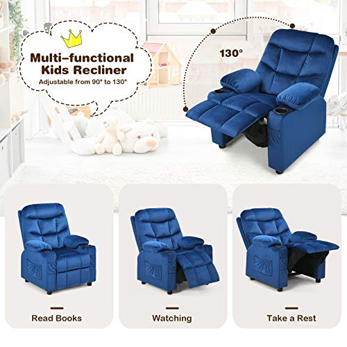 Image of Kids Recliner, Velvet Fabric Kids Recliner Chair w / 2 Cup Holders