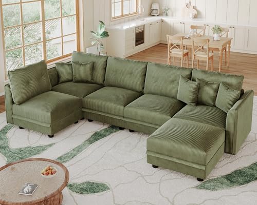 Image of LLappuil Modular Sectional Sleeper Sofa with Storage, U Shaped 6-Seat Corduroy Couch with 5 Throw Pillows, Convertible Sofa Set for Living Room & Small Space, Skin-Friendly & Soft, Green