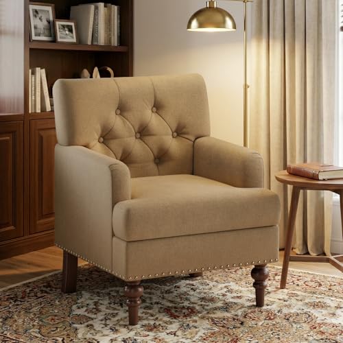 Image of MALOL Upholstered Accent Chair Set of 2, Comfy Reading Chair for Living Room, Mid Century Modern Armchair with Thick Cushion & Solid Rubberwood Legs, for Bedroom /Small Spaces, Brown