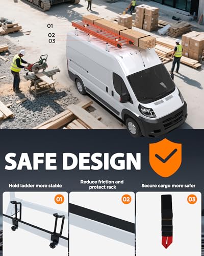 Image of Steel Cargo Van Roof Ladder Rack Fit for RAM ProMaster 2013-2026 White 3 Bars