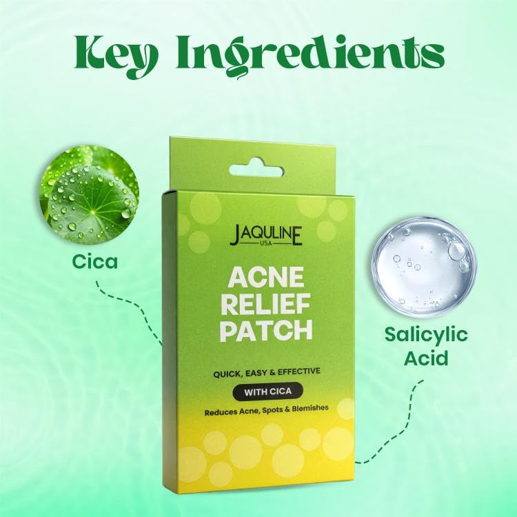 Image of JAQULINE USA Acne Relief Patches with Cica | Hydrocolloid Pimple Patches | Soothing Spot Treatment | Absorbs Acne Secretion | For All Skin Types | 36 Patches