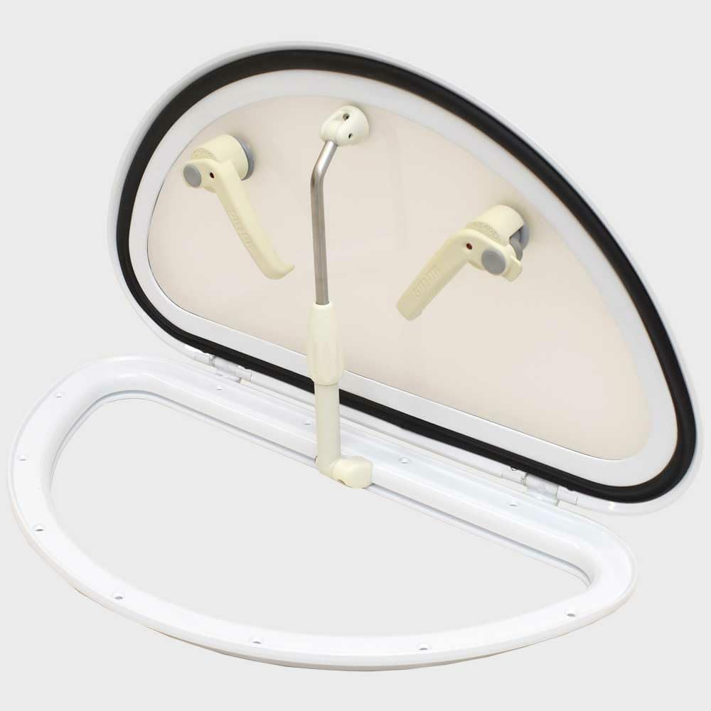 Indre view of the Vetus Slimline Ventilation Hatch in the open position, showing the two latches and the support arm.