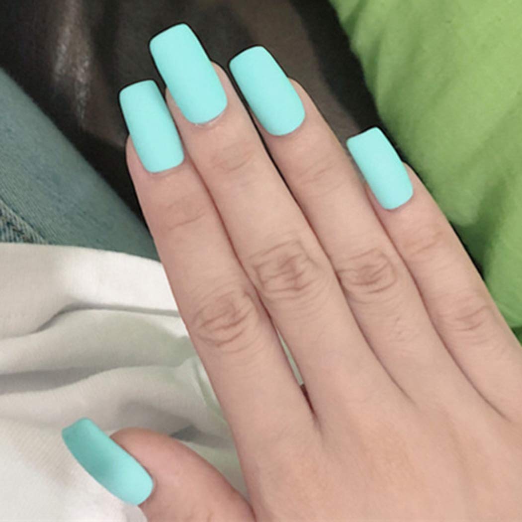 Amazon Com Woeoe Long Press On Nails Mint Green Square Matte Fake Nails Tips Full Cover Acrylic Artificial Clips False Nails Art For Women And Girls Pack Of 24 Beauty