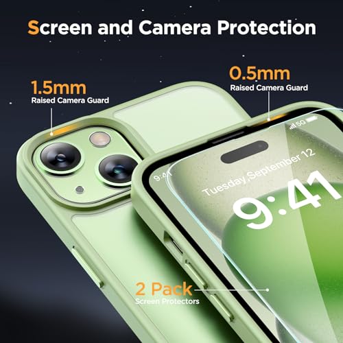 Image of Miracase Magnetic for iPhone 15 Plus Case 6.7 inch (Compatible with MagSafe)(with 2X Screen Protectors) Military-Grade Protection, Anti-Fingerprint Translucent Matte Phone Cover, Light Green
