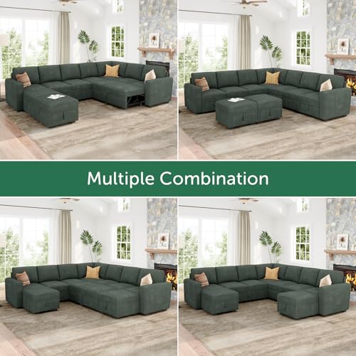 Image of HONBAY Modular Sectional Sleeper Sofa with Pull Out Couch, Corduroy Oversized Sectional Couches Pull Out Bed with U Shaped Sleeper Storage for Living Room - Green