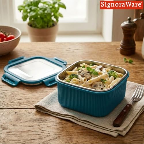 Image of Signoraware Lock N Store Microsafe Steel Square Container+ Lid(800ml,Blue)