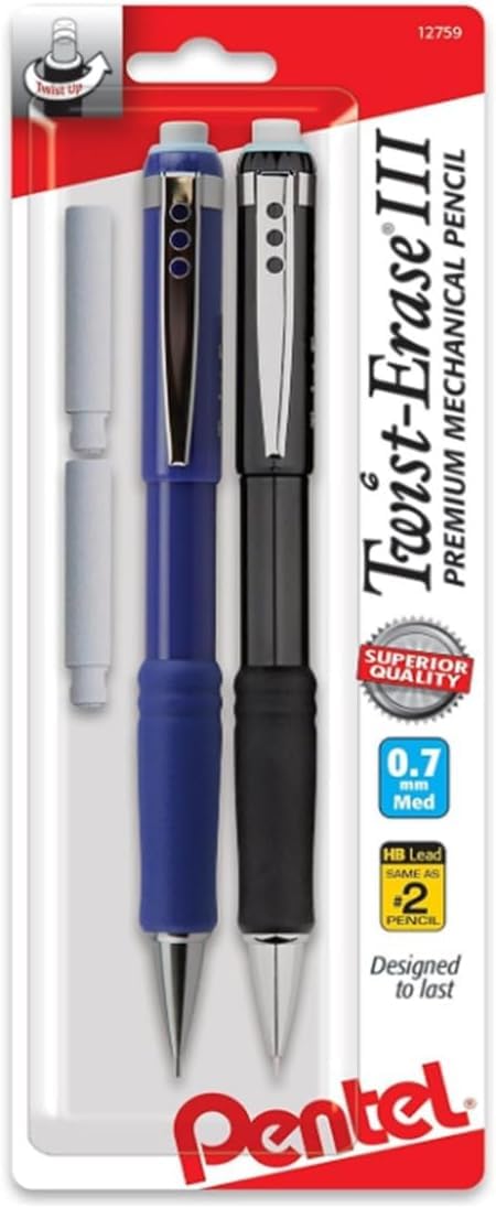 Pentel® Twist-Erase® III Mechanical Pencils, 0.7mm, Assorted Barrel Colors, Pack Of 2 Pencils