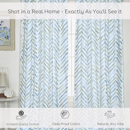 Image of Tranquebar Curtain Co. Window Curtains 5 Feet, 60-65% Room Darkening, Blue & Green Watercolor Chevron Print, Cotton Curtains for Window, Cotton Curtains 5 Feet Long Set of 2, BackTabs, Raya (152 cm)