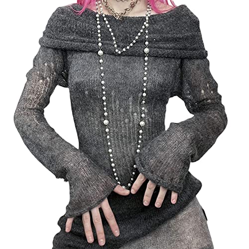 Tyolakuen Vestido corto de punto de ganchillo Y2K para mujer, color liso, manga larga, hombros descubiertos, a rayas, entallado, ajustado, recortado, sin espalda, para mujer, Negro, S Cover