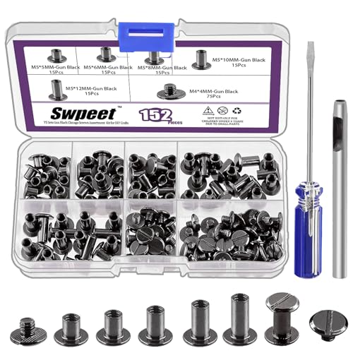 Swpeet 152 viti M5 x 5 mm, 6 mm, 8 mm, 10 mm, 12 mm, rivetti in pelle assortiti con perforatore e cacciavite, viti rotonde a testa piatta per fai da te, artigianato in pelle e rilegatura di libri