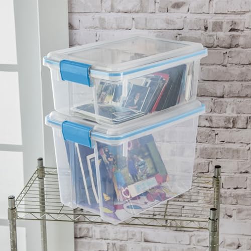 Image of Sterilite Gasket Storage Box with Lids for Home & Office, 20 Quart, 18-Pack | Heavy-Duty, Stackable, and Organizing Containers for Bathroom, Cabinet, Closet, and Garage, Clear and Blue Aquarium Latches