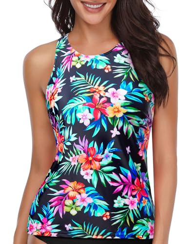 Image of Holipick Tankini Tops for Women High Neck Swim Top Only | Tummy Control, Support Removable Pads, Full Coverage, Open Back, Neck Hook, Soft Stretch Fabric, Beach and Resort