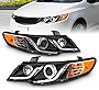 AmeriLite for 2010-2013 Forte Koup Dual LED Halos + Tube Black Replacement Projector Headlights Pair - Passenger and Driver Side