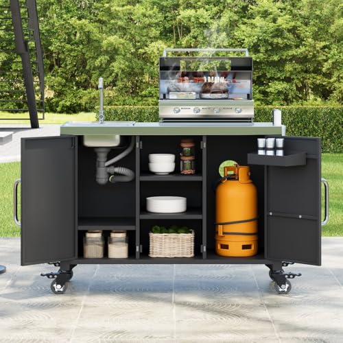JIJIWANG 55.5' Black Kitchen Island with Sink, Metal Grill Cart Table with 304 Stainless Steel Sink, Outdoor Bar Cart Sink Station with 4 Lockable Wheels for Pizza Prep L 55.5' x W 20' H 36.7'