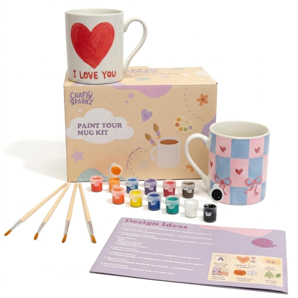 Crafty Sparkz Paint Your Own Mug Kit - Pottery Painting Kit for Adults - DIY Craft Kits for Couples Date Night - Heart Handle Mugs Painting Kit, Crafts for Adults - Birthday & Anniversary Gift