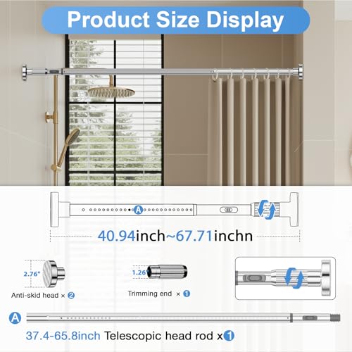 Image of Tension Rod 41-67inch Silver Tension Curtain Rods no Drilling | 1.26 inch Diameter Outdoor Curtain Rod for Patio,Windows,Anywhere Heavy Duty Spring Rods Adjustable